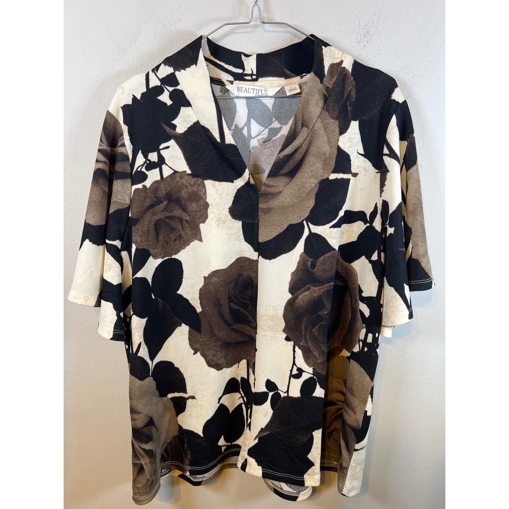 Beautiful by Lawrence Zarian Womens Top Floral Rose Print Brown Black Large